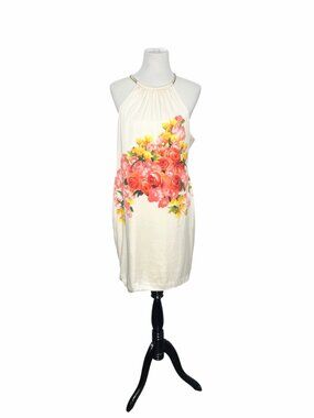 Vintage Caché Floral Silk Halter Shift Dress Ivory | Size 14 Large